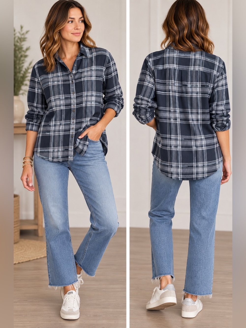 Abercrombie & Fitch Boyfriend Plaid Flannel Shirt Navy Gray M